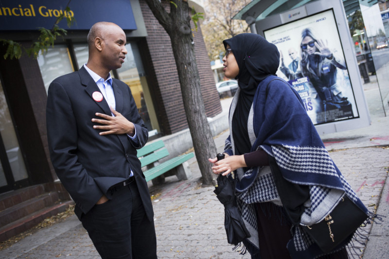 TORONTO, ON - OCTOBER 21 - Ahmed Hussen, who was just elected to the House of Commons for York South-Weston, greets and thanks Salma Hersi for her support. Melissa Renwick/Toronto Star