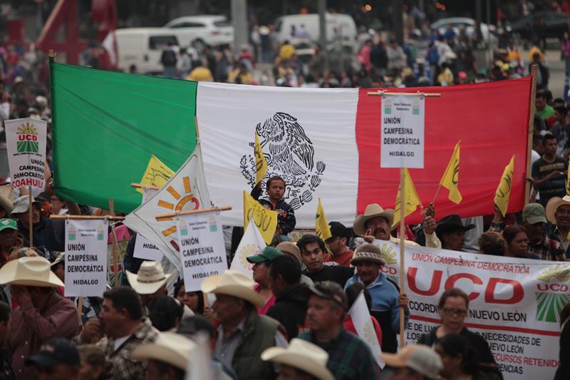 Personas de diferentes organizaciones marchan contra los aumentos a los combustibles, en la plaza el Zócalo en Ciudad de México (México). EFE/Sashenka Gutiérrez