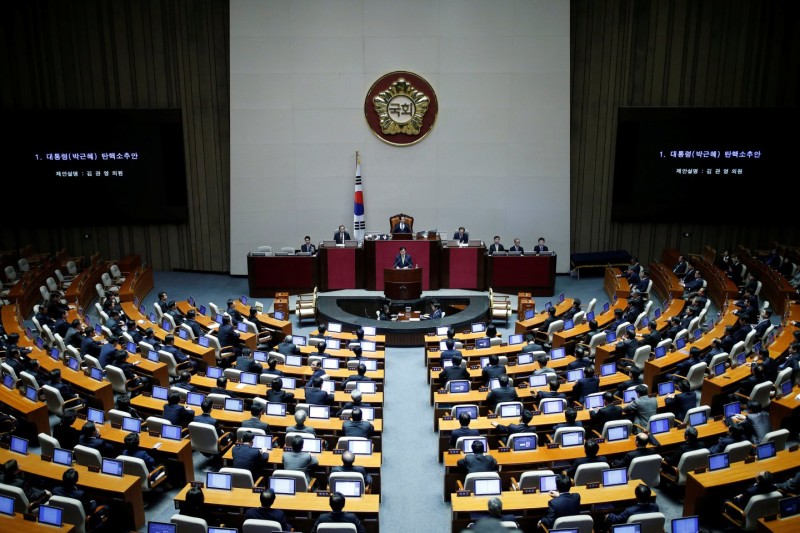 Lawmakers attend a plenary session to vote on the impeachment bill of President Park Geun-hye at the National Assembly in Seoul, South Korea, December 9, 2016. REUTERS/Kim Hong-Ji