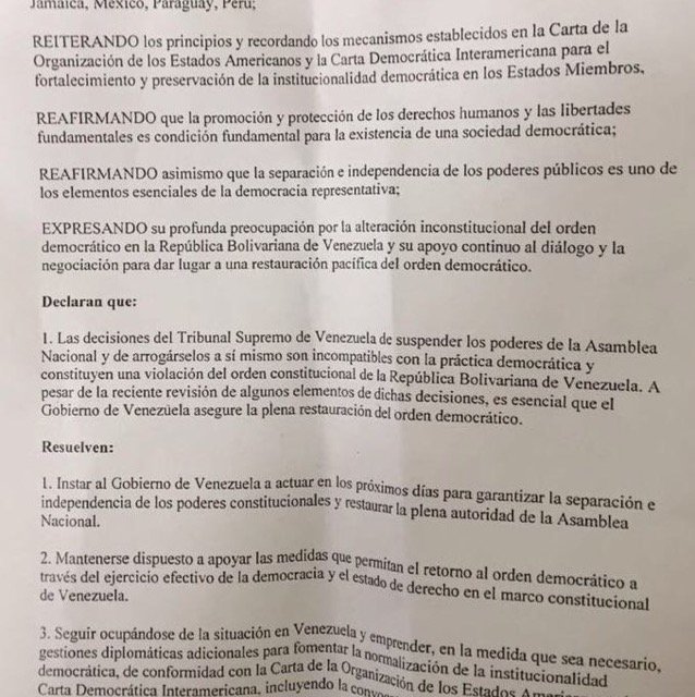 El texto de la resolución sobre Venezuela emitido por la OEA