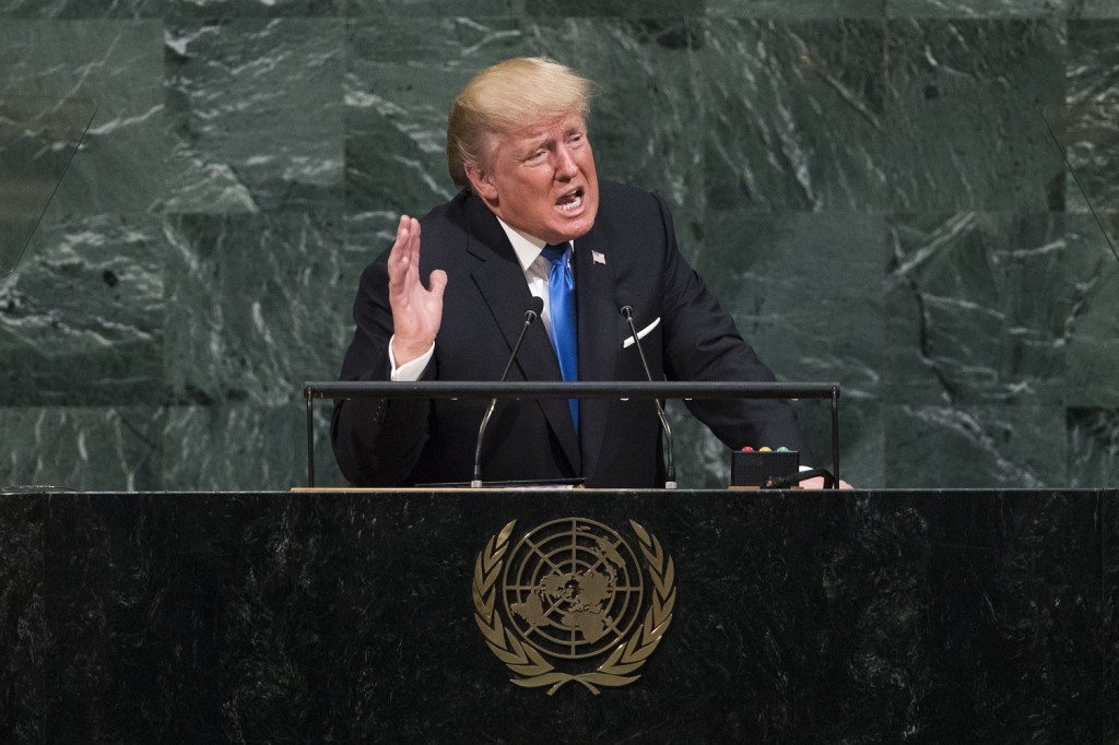NEW YORK, NY - SEPTEMBER 19: U.S. President Donald Trump addresses the United Nations General Assembly at UN headquarters, September 19, 2017 in New York City. Among the issues facing the assembly this year are North Korea's nuclear developement, violence against the Rohingya Muslim minority in Myanmar and the debate over climate change. Drew Angerer/Getty Images/AFP == FOR NEWSPAPERS, INTERNET, TELCOS & TELEVISION USE ONLY ==