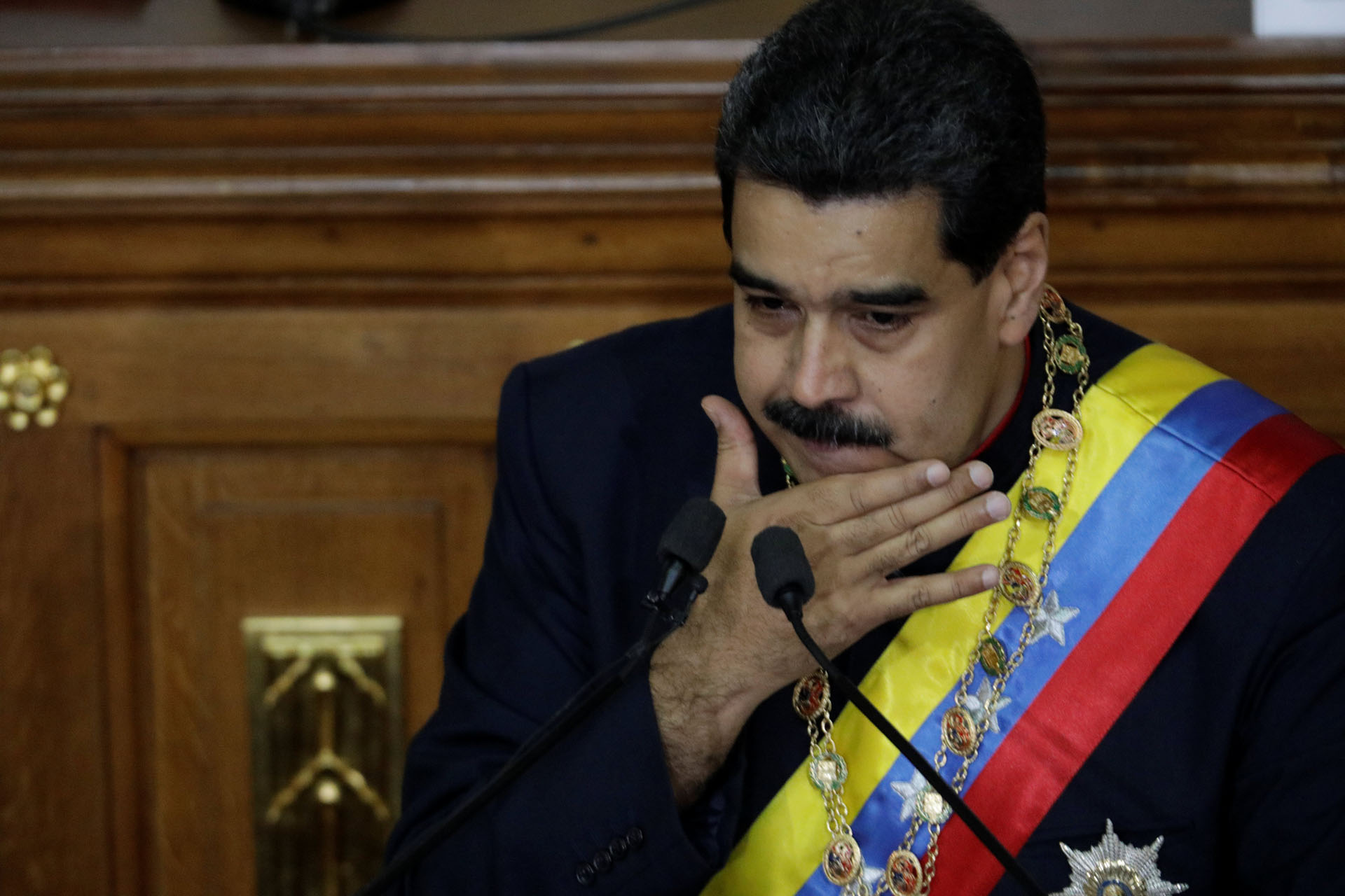 Venezuela's President Nicolas Maduro gestures as he speaks during a session of the National Constituent Assembly at Palacio Federal Legislativo in Caracas