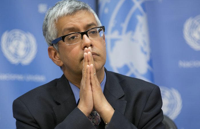 United Nations, New York, USA, May 15 2015 - UN spokesperson Farhan Haq thanking God that today is Friday I think! On the Photo: Farhan Haq Credit: Luiz Rampelotto/EuropaNewswire